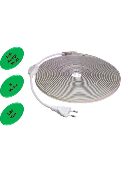 Hortum Şerit LED 220 Volt Su Geçirmez Fiş Dahil Metrede 68 LED 5730 Yeşil 5 Metre