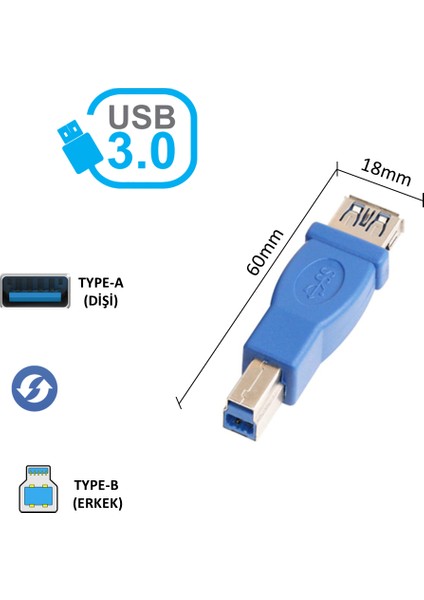 USB 3.0 TYPE-A (DİŞİ) to USB 3.0 TYPE-B (ERKEK) Çevirici Adaptör