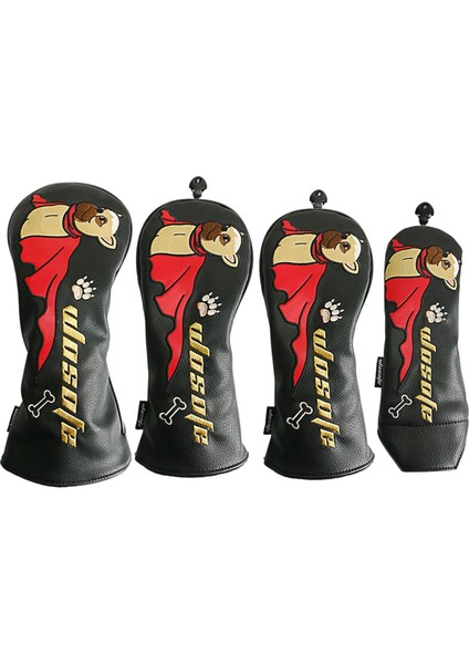 4pcs Pu Golf Kafa Kapakları Golf Kulüpleri Golf Ahşap Headcover Erkekler Kadın Köpek Siyah (Yurt Dışından)