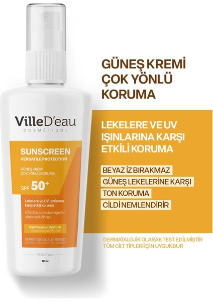 Leke Karşıtı Yüksek Korumalı SPF50+ Yüz ve Vücut Yaz ve Kış Güneş Kremi 125 ml Suncreen Versatile Protection