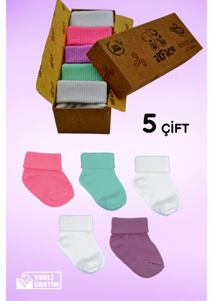 Sindy Soft Organik Pamuk 5'li Kutulu Yıkanmış Kız Yeni Doğan Bebek Çorabı 0-2 Yaş