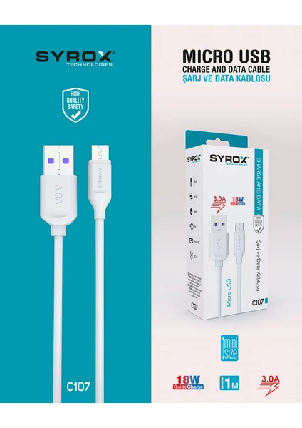 C107 Micro USB Hızlı Şarj ve Data Kablosu 1mt 3.0A 18W Beyaz