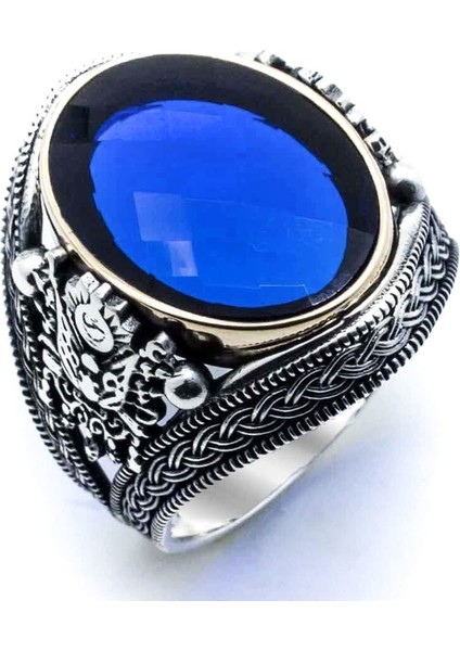 925 Ayar Gümüş Osmanlı Tuğralı Mavi Taşlı Erkek Yüzük fiyatları