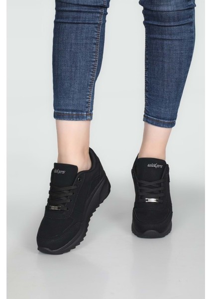 1662 Anatomik Tabanlı Fermuarlı Bayan Sneakers Ayakkabı - NKT01662-SIYAH Nubuk-36