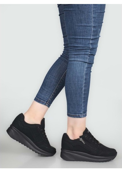1662 Anatomik Tabanlı Fermuarlı Bayan Sneakers Ayakkabı - NKT01662-SIYAH Nubuk-36
