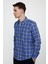 Slim Fit Uzun Kol Düğmeli Yaka Pamuklu Ekose Spor Erkek Sax Mavi Gömlek 2