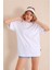 Beyaz Bisiklet Yaka Kadın Oversize T-Shirt MW5784 4