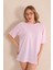 Toz Pembe Bisiklet Yaka Kadın Oversize T-Shirt MW5784 4