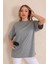 Gri Bisiklet Yaka Kadın Oversize T-Shirt MW5784 1