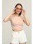 Kadın Pudra Bisiklet Yaka Basic Crop T-Shirt 1