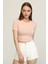 Kadın Pudra Bisiklet Yaka Basic Crop T-Shirt 2