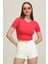 Kadın Pembe Bisiklet Yaka Basic Crop T-Shirt 1