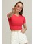 Kadın Pembe Bisiklet Yaka Basic Crop T-Shirt 2