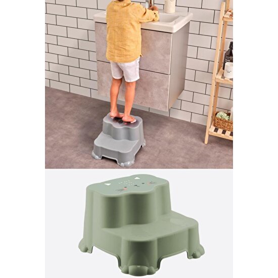 Flosoft Kaydırmaz Çocuk Taburesi Çift Basamaklı, Çocuk Banyo Lavabo Merdiven Yükseltici Yeşil