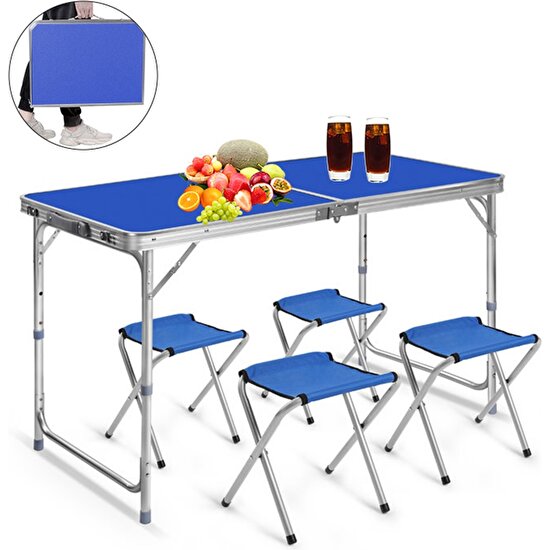 Reidan Mavi Piknik Masası Taşınabilir Katlanır Kamp Bahçe Açılıp Kapanır Masa Yemek ve Sandalye Seti