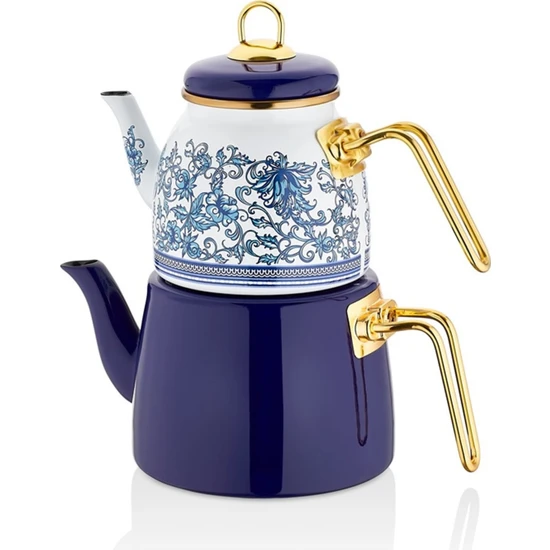Porlistan Koyu Mavi Çini Desenli Emaye Çaydanlık Takımı, Koyu Mavi Gold Saplı Emaye Çaydanlık Takımı