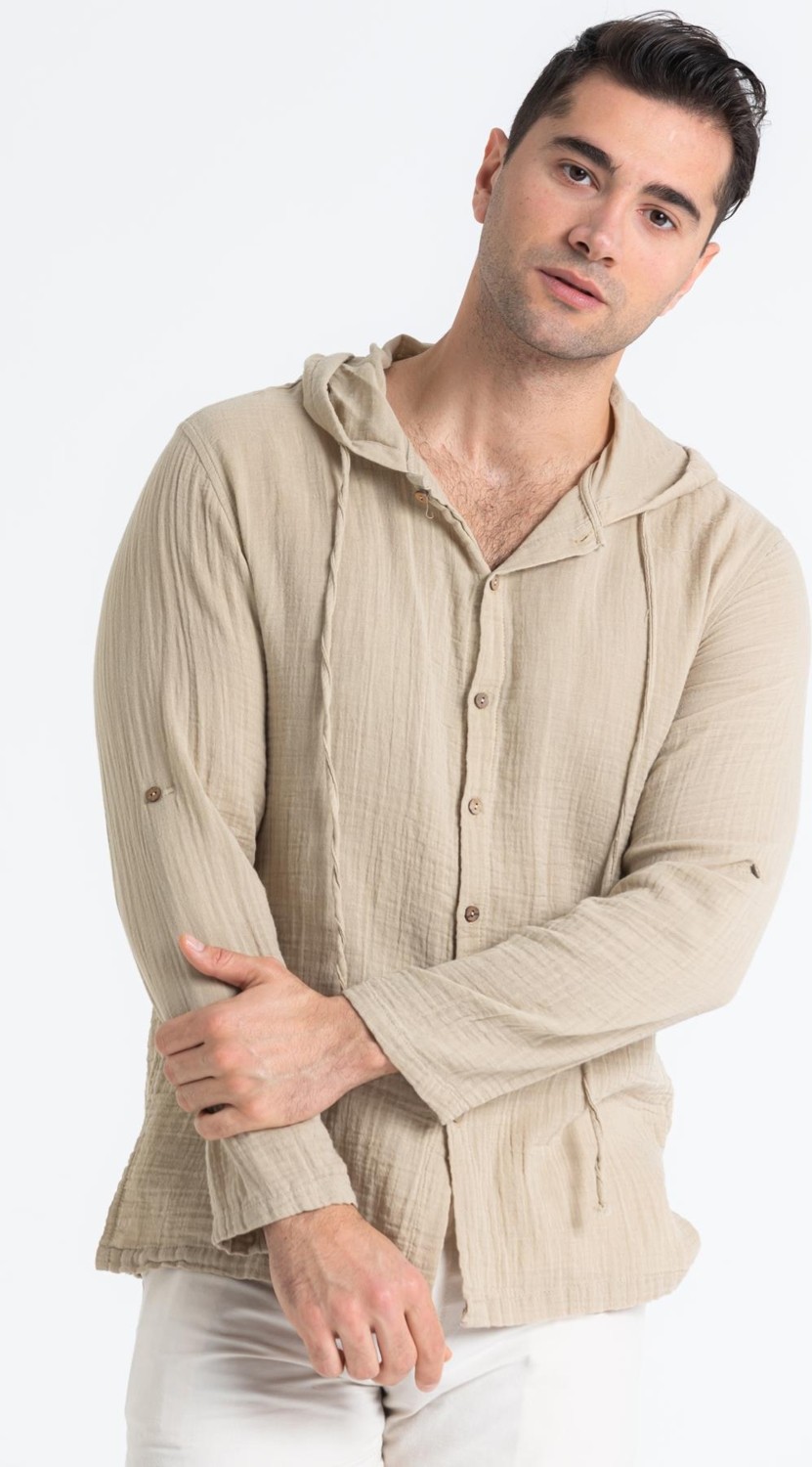 Eliş Şile Bezi Uzun Kol Erkek Kapüşonlu Yazlık Müslin Sweatshirt Beyaz Byz