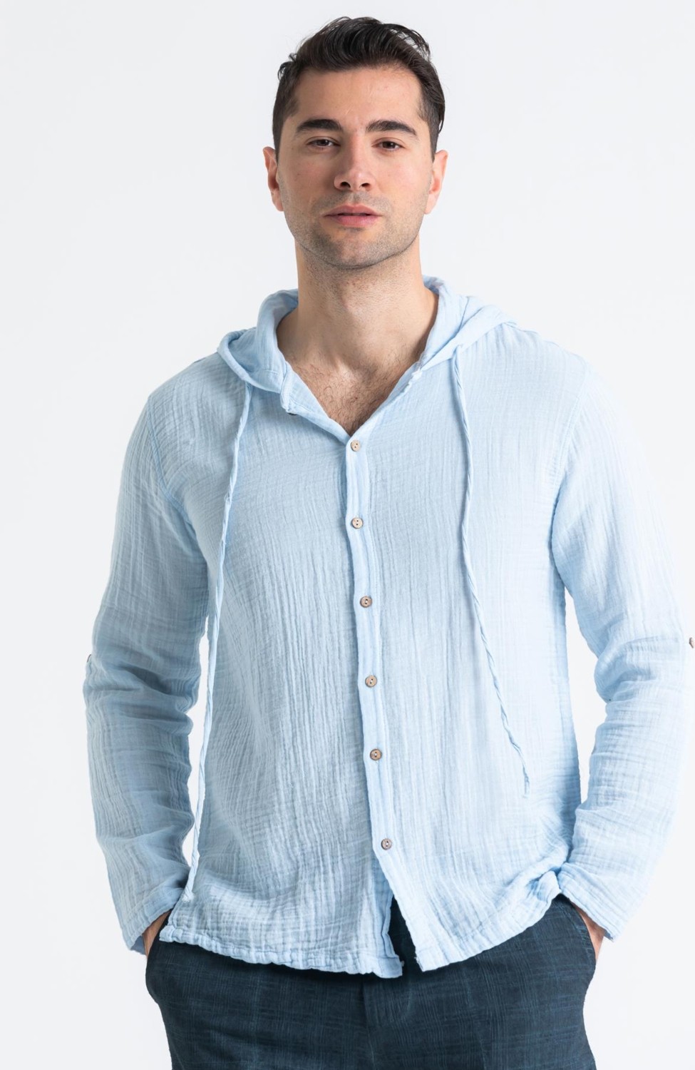 Eliş Şile Bezi Uzun Kol Erkek Kapüşonlu Yazlık Müslin Sweatshirt Beyaz Byz
