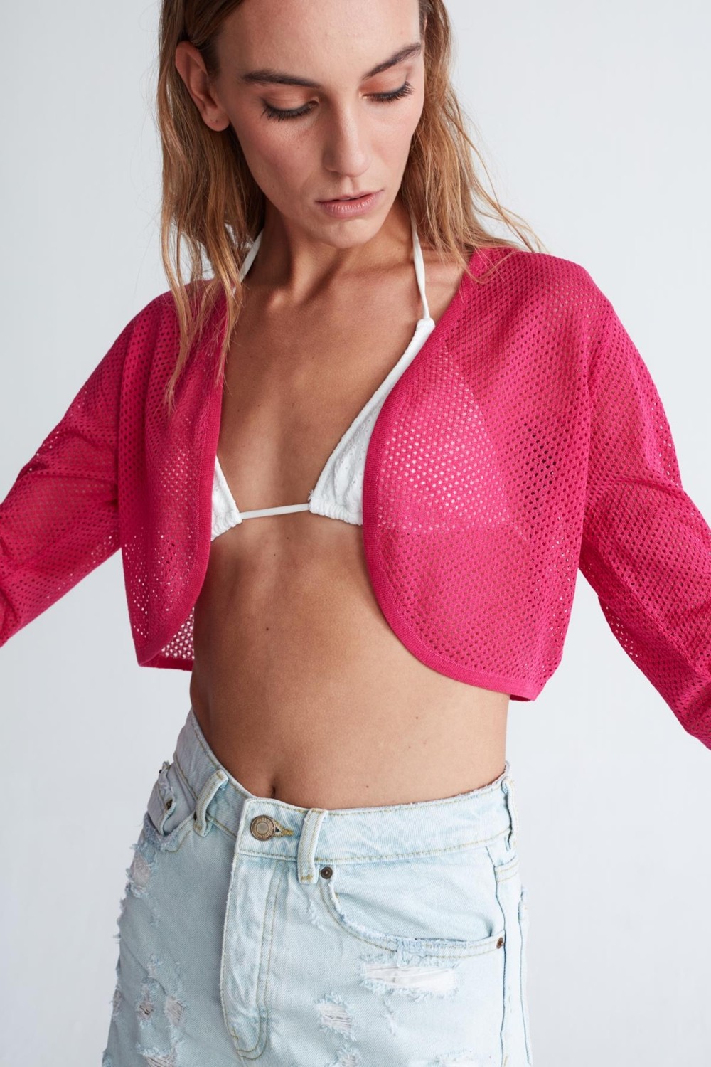 Peraluna BUTTERFLY BOLERO File Örgü Uzun Kol Triko Kadın Bolero - Magenta Pembe görsel 3