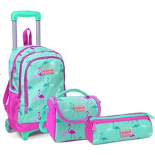 Coral High Kids Su Yeşili Neon Pembe Flamingo Desenli Çekçekli Çanta Seti Suya Dayanıklı 3 Gözlü