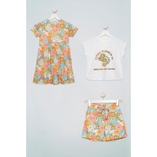 For You Kids 3'lü Çicekli Elbise Yeşil Takım S27710