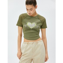 Koton Crop Tişört Baskılı File Detaylı Bisiklet Yaka Pamuklu