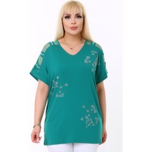 Kheos Yuvarlak Yaka Tül Şeritli Kısa Kol Çiçek Desen Taş Baskılı Rahat Likralı Esnek Büyük Beden Bluz