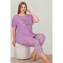 Quilling Lila Renk ve Çiçek Desenli Lady 10643 Battal Büyük Beden Kapri Pijama Takımı