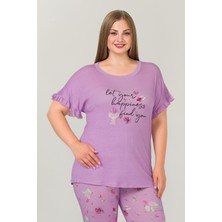 Quilling Lila Renk ve Çiçek Desenli Lady 10643 Battal Büyük Beden Kapri Pijama Takımı