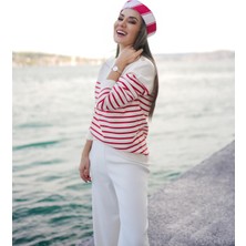 Peraluna Styleboom x Peraluna Audrey Pullover Omzu Düğmeli Çizgili Organik Pamuk Kadın Triko Kazak