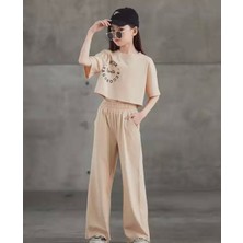 Kids Face Özel Tasarım Ispanyol Paça %100 Pamuk Kısa Kollu Yazlık Kız Çocuk Crop Eşofman Takımı