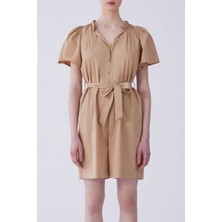 ROMAN Karpuz Kol Kuşaklı Coral Kısa Kadın Tulum Bej Y2112409_024