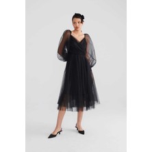 ROMAN Puantiyeli Transparan  Abiye Elbise Siyah K2311302_001