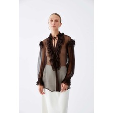 ROMAN %100 İpek Volanlı  Transparan Gömlek Kahve K2213568_005