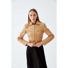 ROMAN Deri Görünümlü  Kısa Kadın Ceket Bej K2216008_024