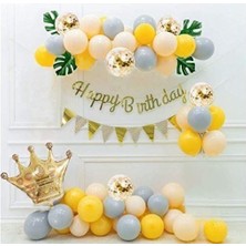 Meri Parti Taç Folyo Balon Set Happy Bırthday Kaligrafi Sarı Gri Somon Balon Zinciri Full Doğum Günü Set Balon