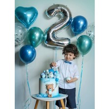 Meri Parti 2 Yaş Doğum Günü Balon Set Gümüş Renk Folyo 2 Rakamı Mavi Yeşil Şeffaf Balon Konsept