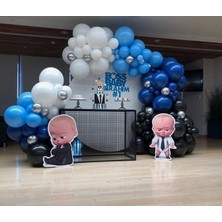 Meri Parti Krom Gümüş Pastel Siyah Lacivert ve Makaron Mavi ve Beyaz Balon Zinciri Patron Bebek Konsept Balon