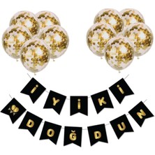 Meri Parti Iyi Ki Doğdun Siyaha Gold Varaklı Banner Yazı Konfetili Şeffaf Balon Seti