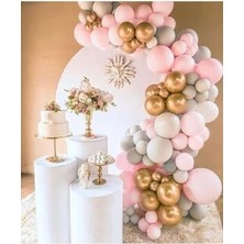 Meri Parti  Gold Krom Makarom Pembe Pastel Gri Renklerinde Balon ve Balon Zincir
