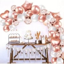 Meri Parti Rose Gold Folyo Kalp Yıldız Balon Rose Konfetili Şeffaf ve Rose Gold, Beyaz Set