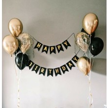 Meri Parti Happy Bırthday Banner Siyah Üzeri Gold Happy Bırthday Yazı ve Gold Siyah Şeffaf Balon Konsept