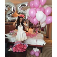 Meri Parti 25 Yaş Doğum Günü Folyo Balon Set 25 Folyo Balon Gümüş Renk Konsept Pembe Beyaz Renk Balon
