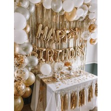 Meri Parti Gold Happy Bırthday Full Set Gold Beyaz Gri Metalik Balon Zincir Gold Arka Fon