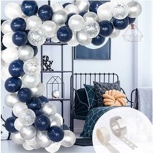 Meri Parti Yetişkin Doğum Günü Gece Mavisi Beyaz Gümüş Konfetili Balon Zincir Seti Zincir