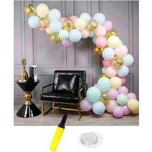 Meri Parti Makaron ve Altın Konfetili Şeffaf Doğum Günü Balon Zincir Seti 63 Parça