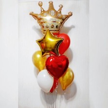 Meri Parti Kral Taç Balon  Kırmızı Kalp Balon Gold Yıldız Folyo Balon Konsept Sevgilililer Günü ve Doğum Günü