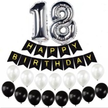 Meri Parti 18 Yaş Gümüş Folyo Balon Happy Bırthday Banner Yazı Seti Balonlu