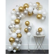 Meri Parti 30 Adet Metalik Sedefli Gold-Gümüş Gri-Beyaz Balon, Helyumla Uçan