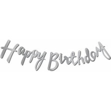 Meri Parti Happy Bırthday Kaligrafi Banner Yazı Gümüş Metalik